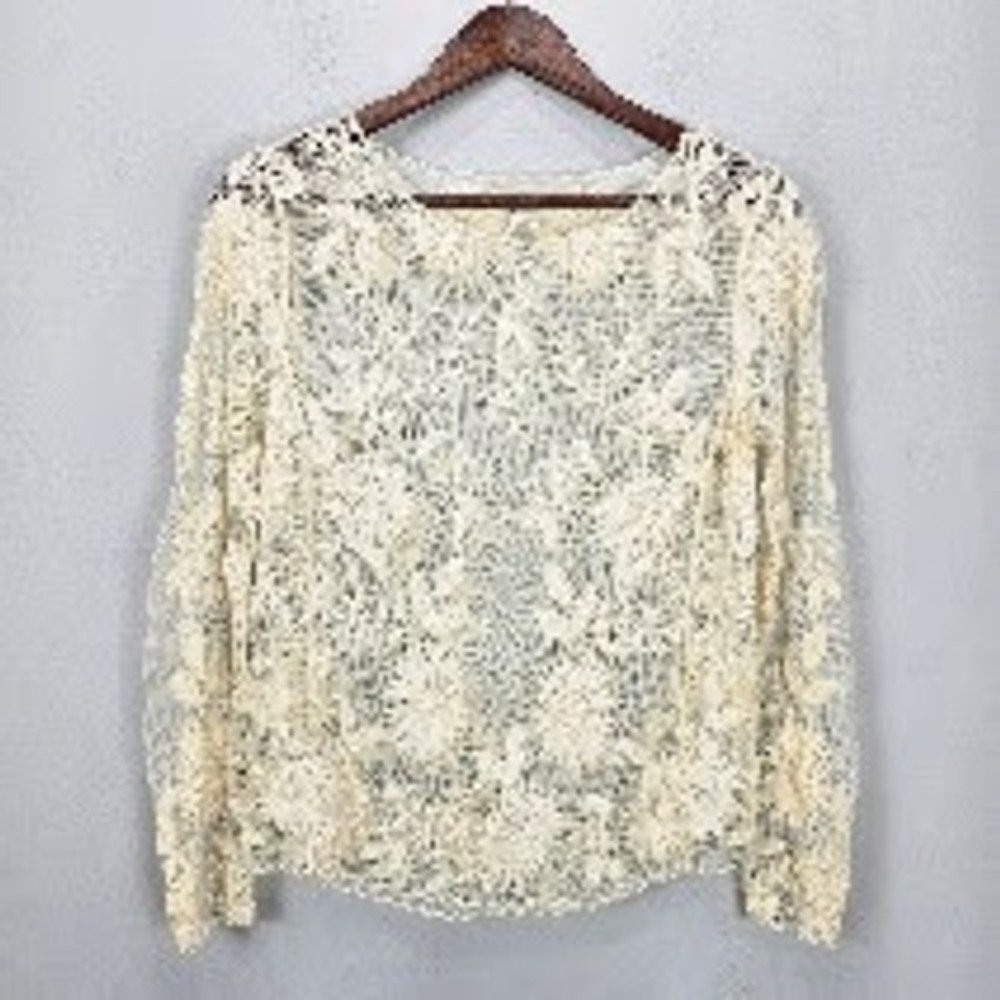 Ivory All Lace Sheer Blouse Top S Ivory Long Sleeve Boho Festival Fairy Romantic